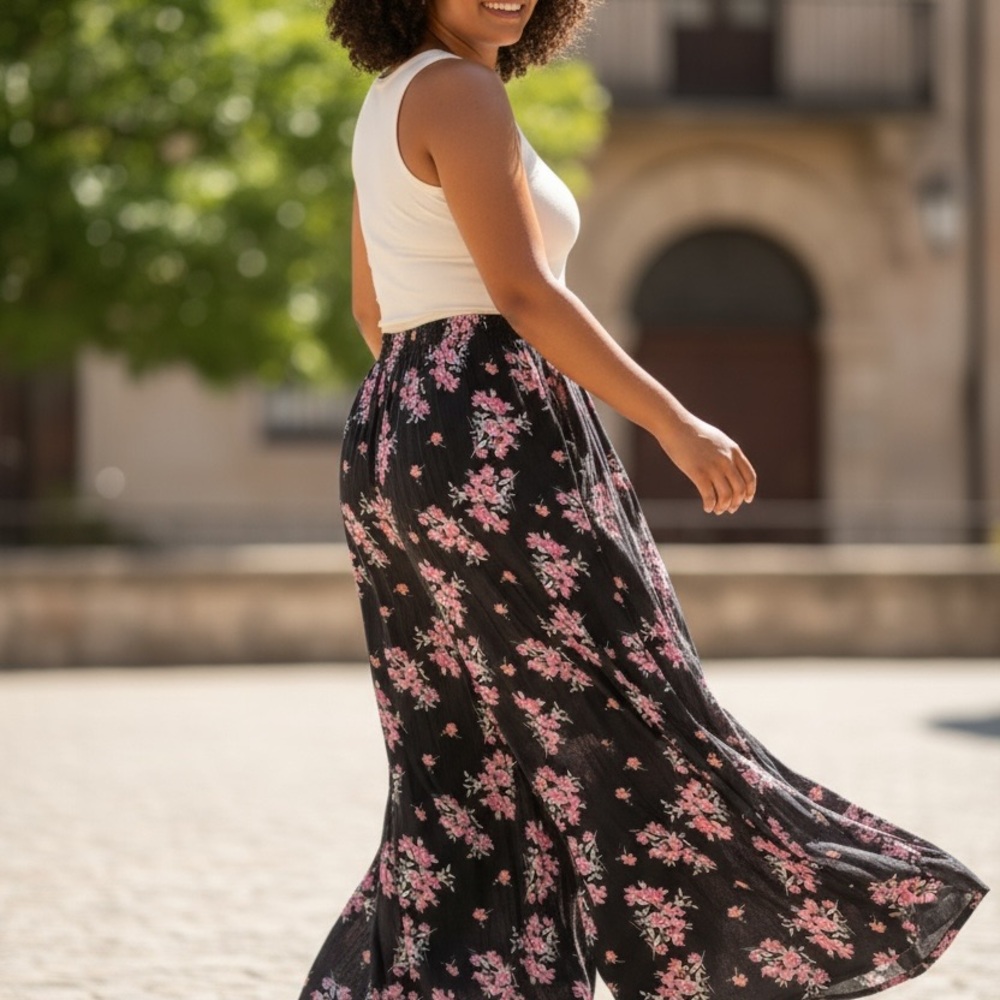 Torrid Black and Pink Floral Wide Leg Pants
